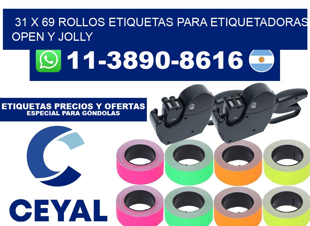 31 x 69 Rollos etiquetas para etiquetadoras open y jolly